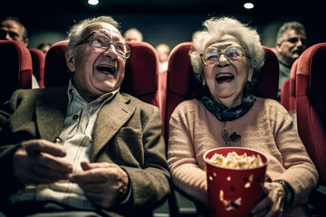 Fototapeta na wymiar Old couple of husband and wife, enjoying retirement - they are watching a movie together at the cinema. Generative AI