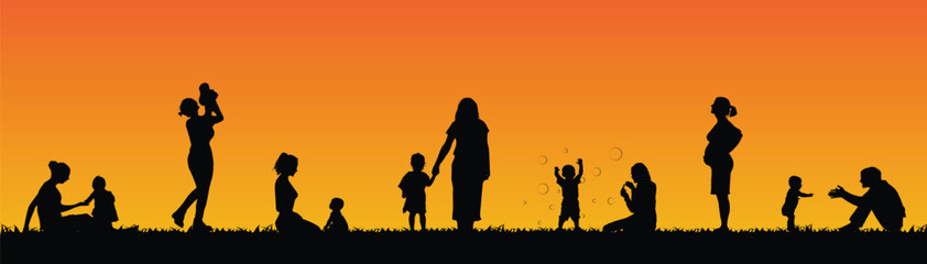 Fototapeta na wymiar Mothers are enjoying with her child, mom playing with her child, mom time spend with her child, on the field. Mother and children Silhouette designs on sunset background.