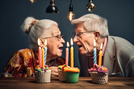 Retired Old Couple Of Husband And Wife Blowing Candles Together On An Anniversary Cake. Generative AI