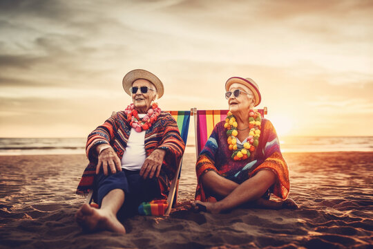 Old couple of husband and wife, enjoying retirement - they are chilling and relaxing on a beach at sunset. Generative AI