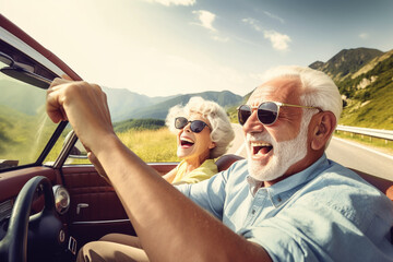 Old couple of husband and wife, enjoying retirement - they are riding a cabrio car while on a trip. Generative AI