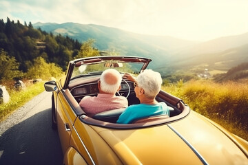 Old couple of husband and wife, enjoying retirement - they are riding a cabrio car while on a trip. Generative AI - obrazy, fototapety, plakaty