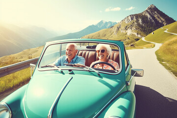 Old couple of husband and wife, enjoying retirement - they are riding a cabrio car while on a trip. Generative AI