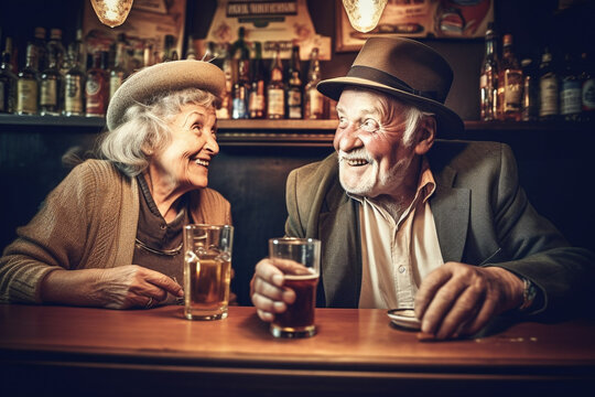 Old couple of husband and wife, enjoying retirement - they are drinking and having fun in a pub. Generative AI