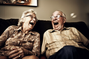 Obraz premium Old couple of husband and wife, enjoying retirement - they are watching TV and laughing. Generative AI