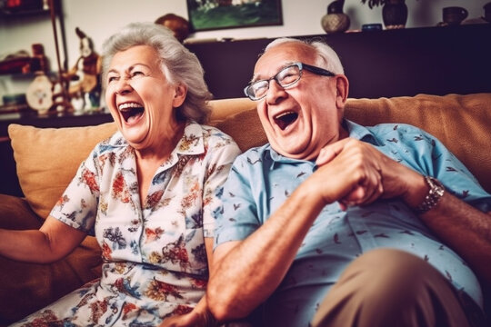 Old couple of husband and wife, enjoying retirement - they are watching TV and laughing. Generative AI