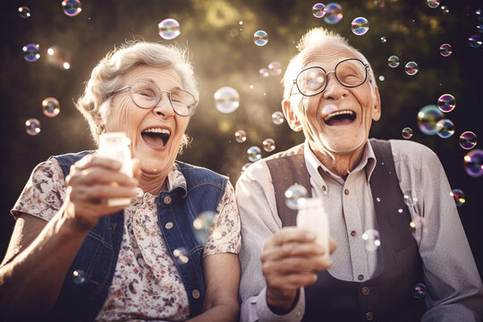 Old couple of husband and wife, enjoying retirement - they are making soap bubbles and laughing. Generative AI
