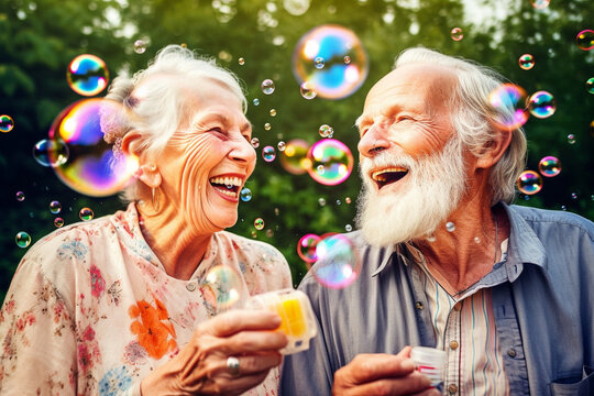 Old couple of husband and wife, enjoying retirement - they are making soap bubbles and laughing. Generative AI