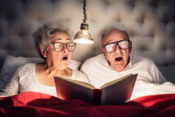 Old couple of husband and wife, enjoying retirement - they are reading in bed before going to sleep. Generative AI