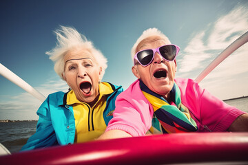Obraz premium Old couple of husband and wife, enjoying retirement - they are riding a speedboat on the ocean. Generative AI