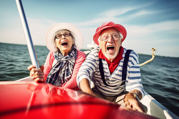 Fototapeta premium Old couple of husband and wife, enjoying retirement - they are riding a speedboat on the ocean. Generative AI