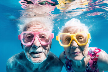 Old couple of husband and wife, enjoying retirement - they are having fun snorkeling. Generative AI