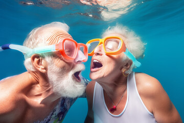Old couple of husband and wife, enjoying retirement - they are having fun snorkeling. Generative AI