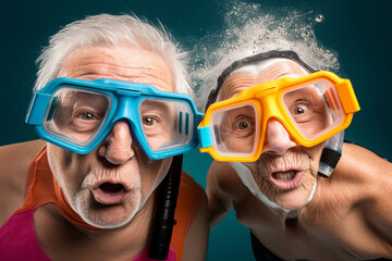 Old couple of husband and wife, enjoying retirement - they are having fun snorkeling. Generative AI - obrazy, fototapety, plakaty
