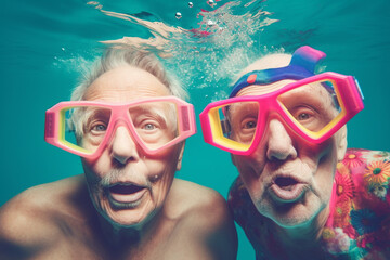 Obraz na płótnie Canvas Old couple of husband and wife, enjoying retirement - they are having fun snorkeling. Generative AI