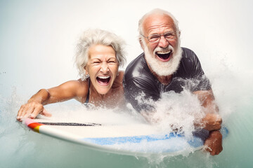 Old couple of husband and wife, enjoying retirement - they are having fun surfing. Generative AI - obrazy, fototapety, plakaty