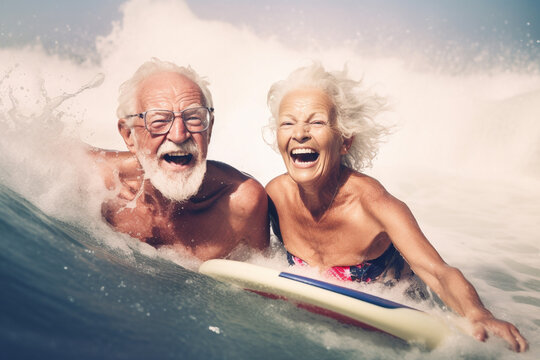 Old couple of husband and wife, enjoying retirement - they are having fun surfing. Generative AI