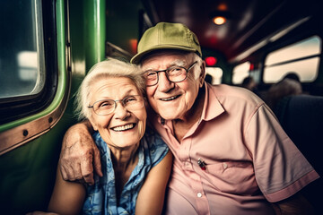 Old couple of husband and wife, enjoying retirement - they are having fun travelling by train. Generative AI
