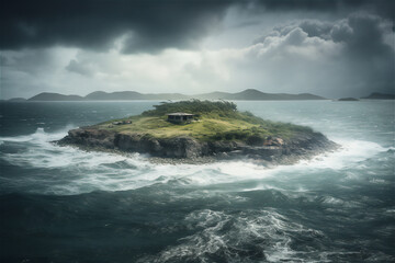 typhoon landscape with island at the horizon, generative ai