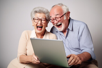 Old couple of husband and wife, enjoying retirement - they looking at a laptop and laughing. Generative AI