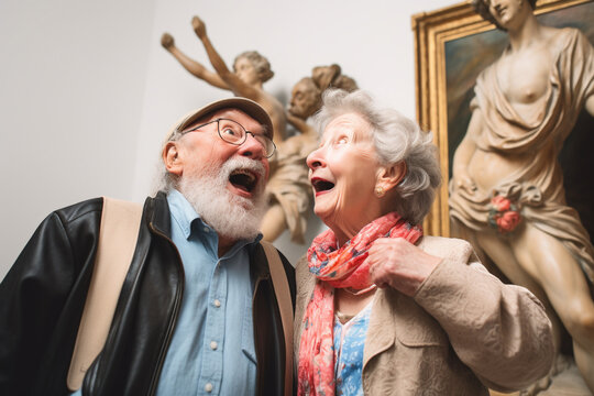 Old couple of husband and wife, enjoying retirement - they are visiting a museum. Generative AI