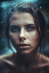 A beautiful girl in rain with water droplets. Closeup portrait. Illustration. Generative AI.