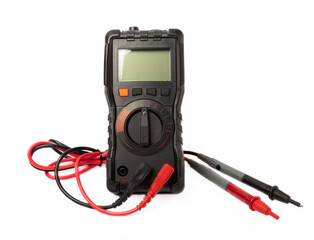 Digital multimeter with probes and display isolated on white background. Electrical tool.Black digital multimeter with probes on a white background, the multimeter is an electronic measuring instrumen