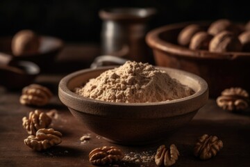Bowl with walnut flour and nuts on dark background. AI-Generated.
