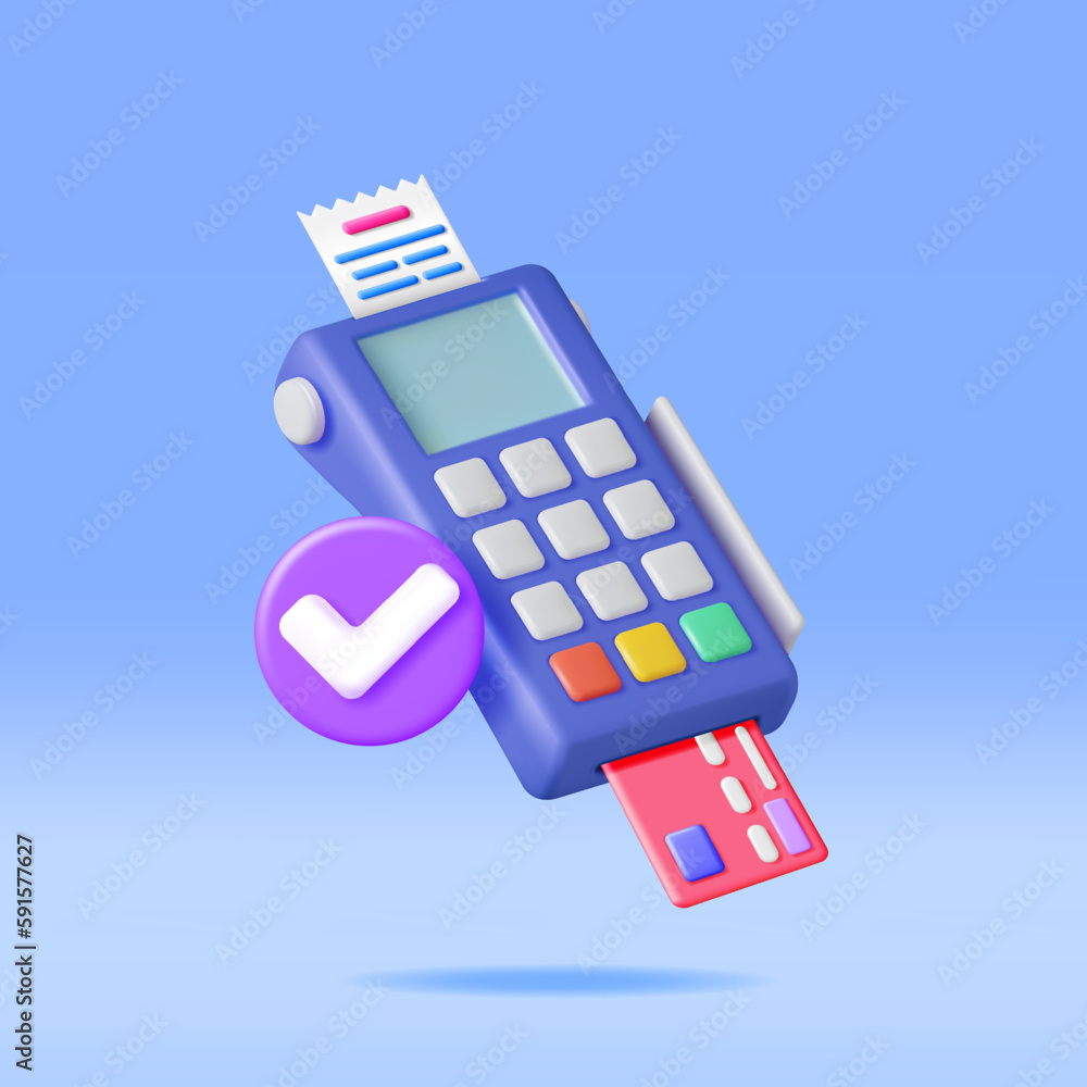 Poster 3d payment terminal with card and receipt isolated. render modern pos bank payment device. payment n