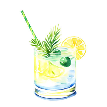 Watercolor glass of summer beverage cocktail lemon juice with leaves and lemon