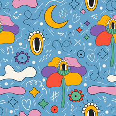 Trendy colorful retro seamless pattern with fantasy shapes, lines, flowers, eyes, stars, clouds, crescent moon. Abstract groovy vector illustration repeatable background wallpaper