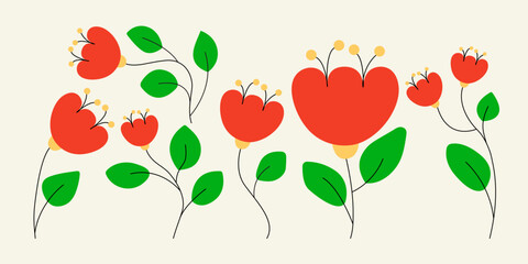 Hand drawn vector flowers, branches, and leaves. Modern floral illustration, botanical theme concept