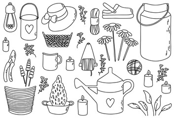 Garden set with water container, threads, candles, pot, bucket, bulb, cup, slipper shoes, hat, secateurs, thuja, flower, basket, leaves. Vector outline illustration.