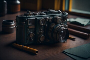 Fototapeta na wymiar a old retro vintage photo camera on a table in a cozy office room. Generative AI