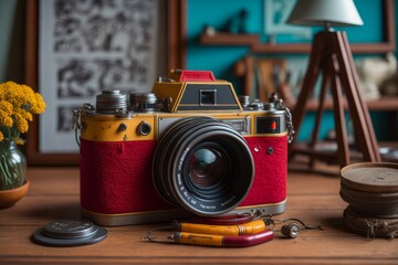 a old retro vintage photo camera on a table in a cozy coloful office room. Generative AI