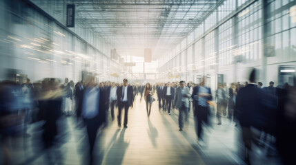 Blurred business people at a trade fair. Generative AI