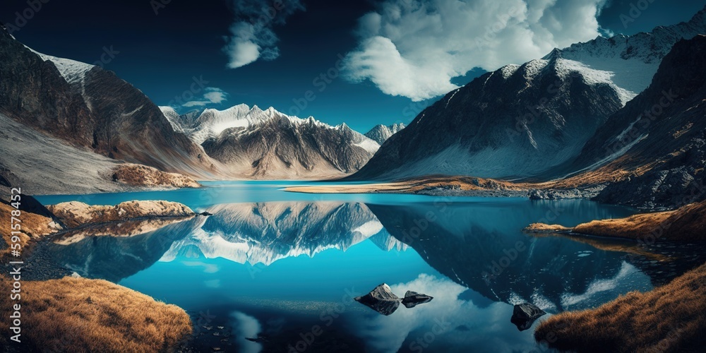 Poster A lake with a view of a mountain under a clear blue sky Generative AI