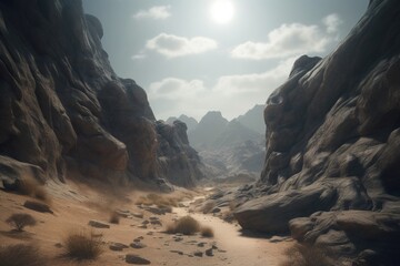 A minimalist landscape with a rocky desert or canyon, Generative AI