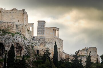 Propylaea, propylea or propylaia monumental gateway. The entrance to the Acropolis of Athens. And The Temple of Athena Nike