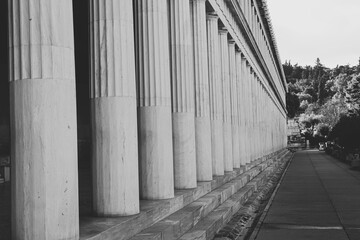 Black and white photo of Stoa of Attalos (covered walkway or portico) in the Agora of Athens,...