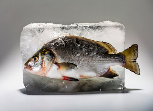 Un poisson frais dans un bloc de glace - generative AI