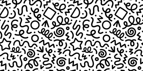 Fun black and white abstract line doodle seamless pattern. Creative minimalist style art background for children or trendy design with basic shapes. Simple childish scribble backdrop.