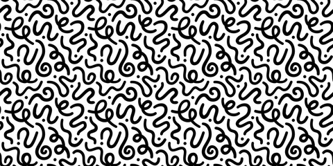 Fun black and white abstract line doodle seamless pattern. Creative minimalist style art background for children or trendy design with basic shapes. Simple childish scribble backdrop.