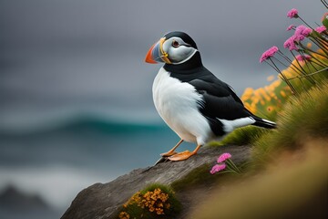 Arctic puffin bird (Fratercula arctica) on the steep cliffs of Nordic shore, beautiful northern flowers, dramatic waves, low clouds. Generative AI