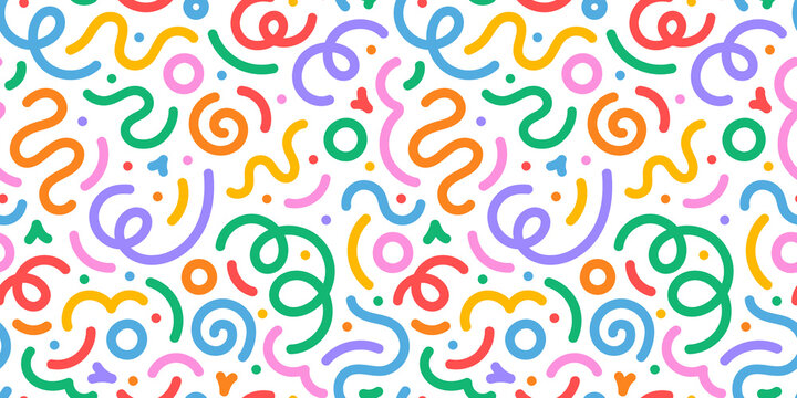 Fun colorful line doodle seamless pattern. Creative minimalist style art background for children or trendy design with basic shapes. Simple childish scribble backdrop.