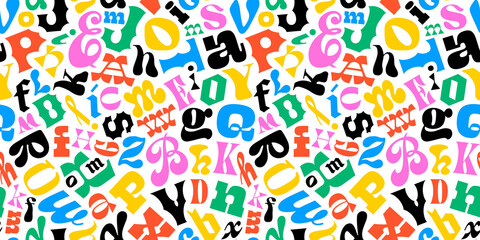 Colorful retro typography letter seamless pattern in abstract art style. Trendy funky symbol lettering text background illustration. English education wallpaper print, grammar alphabet texture.