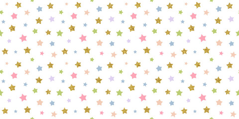 Cute colorful retro star seamless pattern illustration with gold glitter sticker. Trendy 90s style background design. Vintage y2k wallpaper art print.