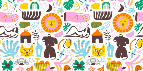 Abstract summer nature shape art seamless pattern with colorful freehand doodle. Organic flat cartoon background print, simple random cutout shapes in bright childish colors.