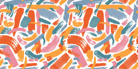 Colorful abstract brush stroke painting seamless pattern illustration. Modern paint line background in fun summer color. Messy graffiti sketch wallpaper print, freehand rough hand drawn texture.	