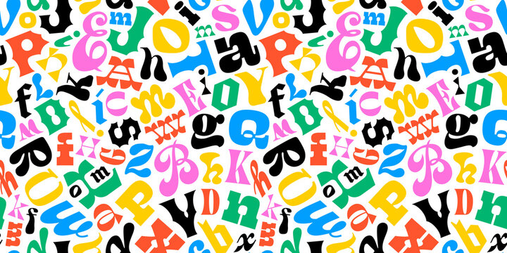 Colorful retro typography letter seamless pattern in abstract art style. Trendy funky symbol lettering text background illustration. English education wallpaper print, grammar alphabet texture.